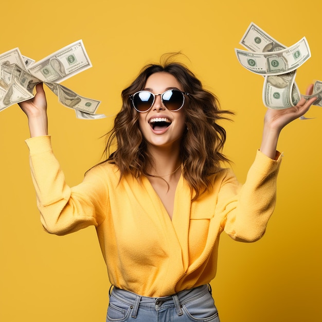 Portrait of a cheerful young woman holding money banknotes and celebrating isolated