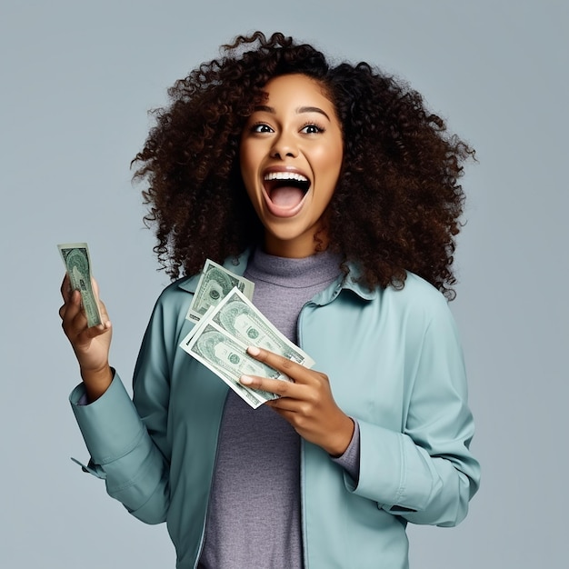 Portrait of a cheerful young woman holding money banknotes and celebrating isolated