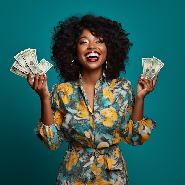 Portrait of a cheerful young woman holding money banknotes and celebrating isolated