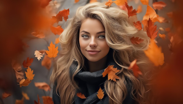 Portrait of cheerful young woman with autumn leaves