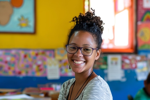 Portrait of a cheerful young woman with glasses and curly hair in a colorful classroom setting