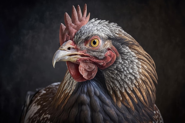 Portrait of a chicken on a black background ai generative