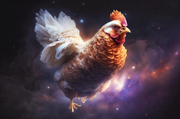 Portrait of chicken flying in space generative ai