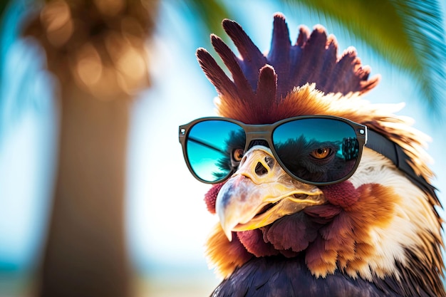 Foto ritratto di pollo in occhiali da sole su uno sfondo sfocato di palme e la spiaggia generativa ai