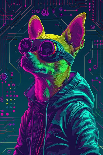 Portrait of chihuahua dog with a cybernetic backpack and goggles wearing cyber poster banner flyer