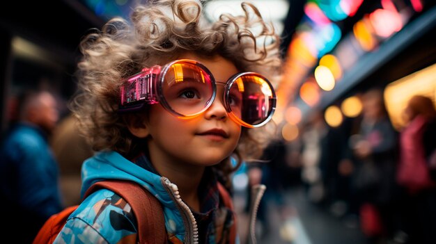 Photo portrait of a child in the airport looking at the camera and waiting for a flight