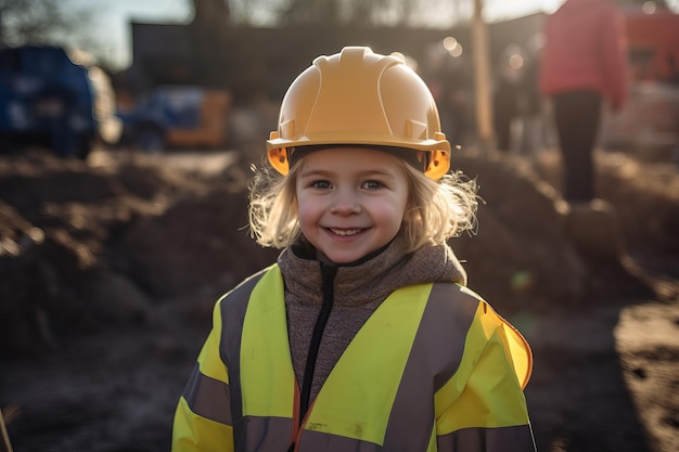 Portrait of a child construction worker wearing hard hat generative ai