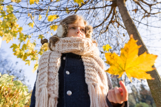 Portrait of child girl under maple tree, background autumn sunny park