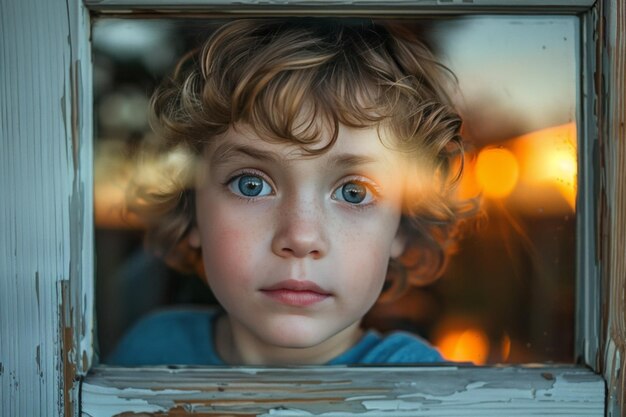 portrait of a child looking curiously at the camera through a window reflecting the sunset