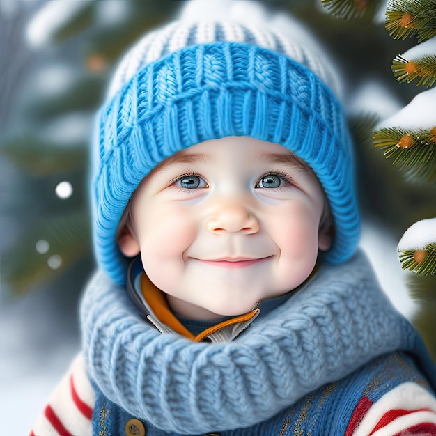 Portrait child sitting in snow in spruce forest