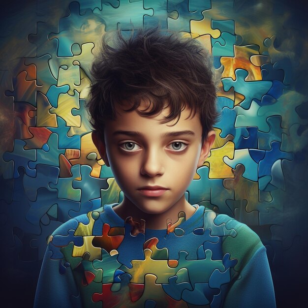 Foto ritratto di un bambino circondato da un sacco di puzzle colorati poster di consapevolezza sull'autismo