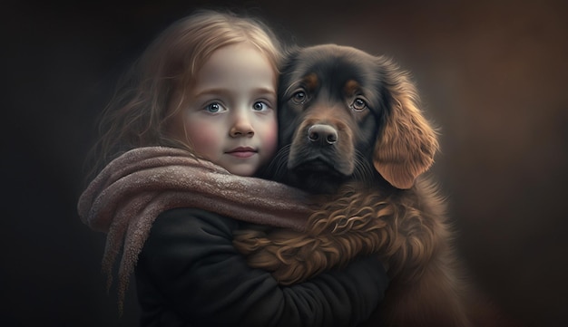 사랑하는 강아지와 함께 있는 아이의 초상화Generative AI