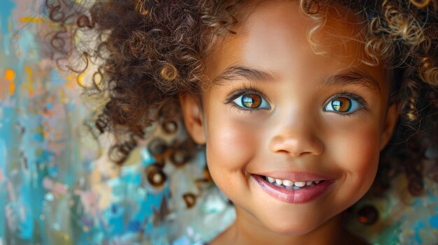 A portrait of a child with a big smile and sparkling eyes