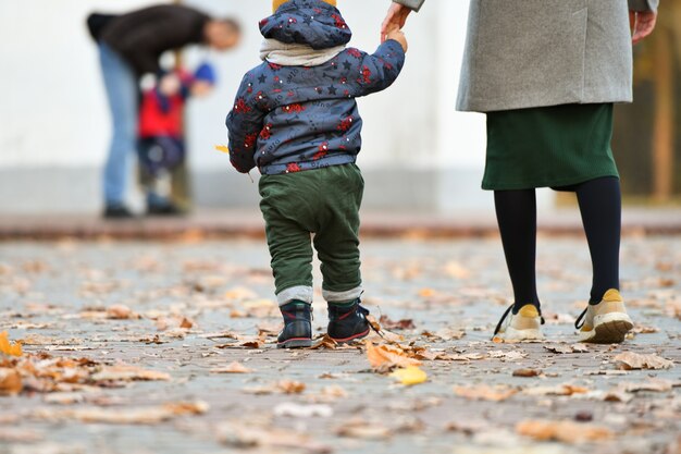 Ritratto di un bambino con la madre che cammina sul fogliame giallo.