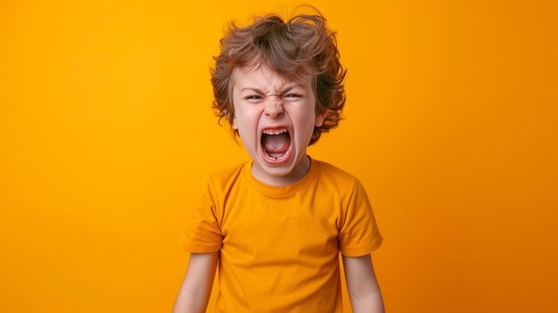 Portrait of childboy with expressing Anger and Frustration with copy space isolated on solid color background