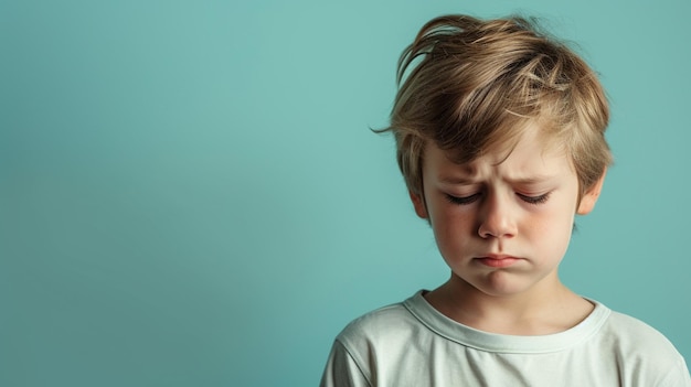 Portrait of childboy with expressing Sadness and Grief with copy space isolated on solid color background