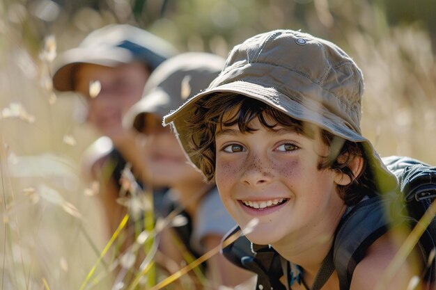 Photo portrait of children on outdoor scavenger hunt