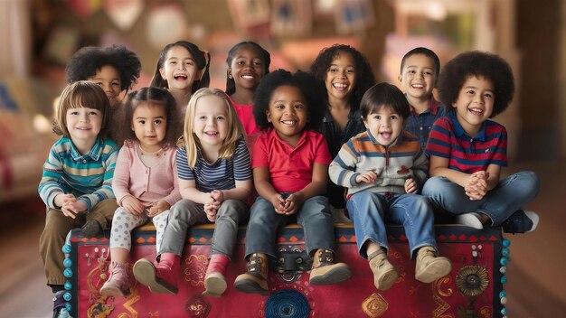 Photo portrait of children sitting on the chest