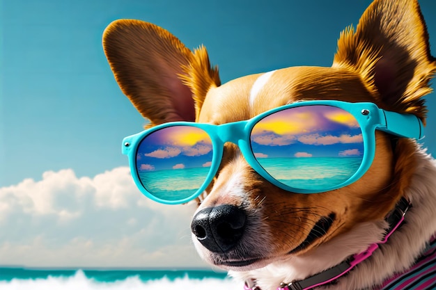 Photo portrait of chilling dog in trendy sunglasses on sandy shore of beautiful ocean summer vacation concept generative ai illustration