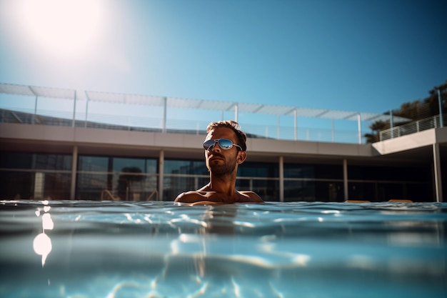 Portrait of chilling man in swimming pool Generative AI