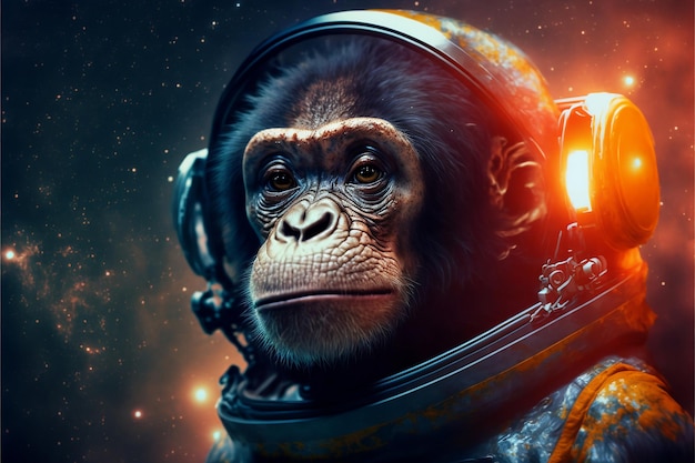 Portrait chimpanzee, monkey in a spacesuit in the galaxy