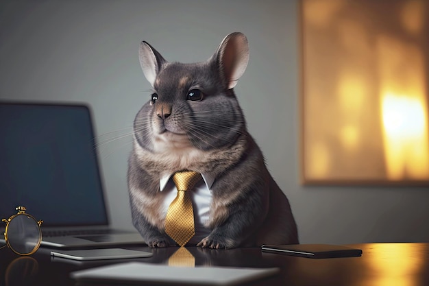 Photo portrait of chinchilla in a dark business suit with a gold tie on a blurred background of an office generative ai