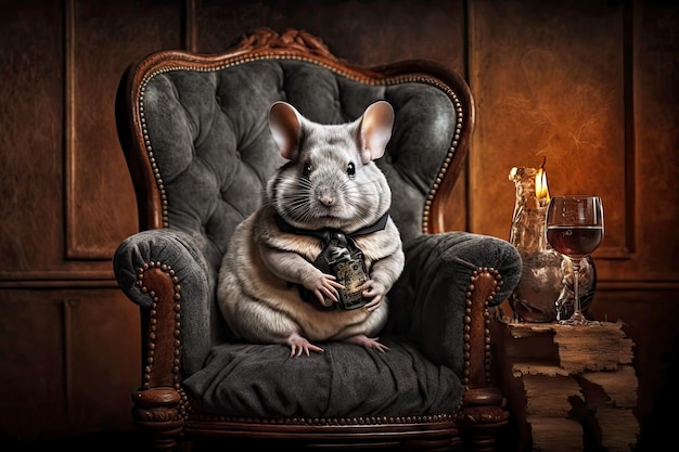 Portrait of chinchilla on an expensive leather armchair with whiskey in his hands near the fireplace generative ai