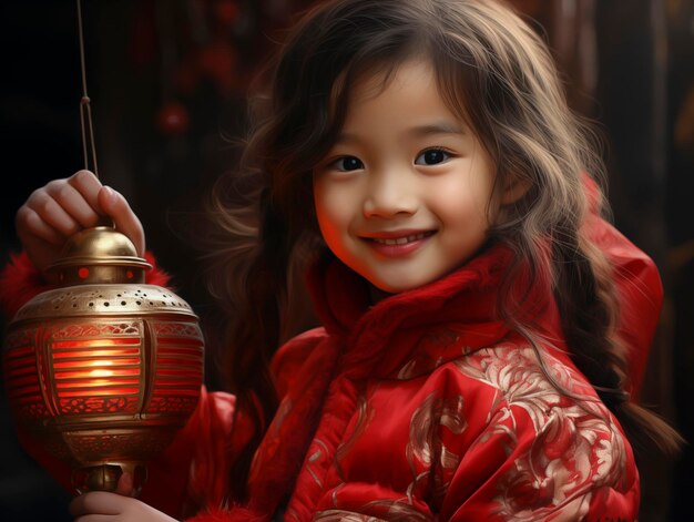 Photo portrait of a chinese child joyfully holding a red lantern in his hands