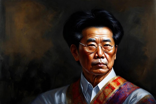 Portrait of a Chinese man in traditional clothes on dark background