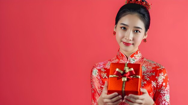 Portrait Chinese woman on traditional festival costume holding gift box Chinese dragon new year