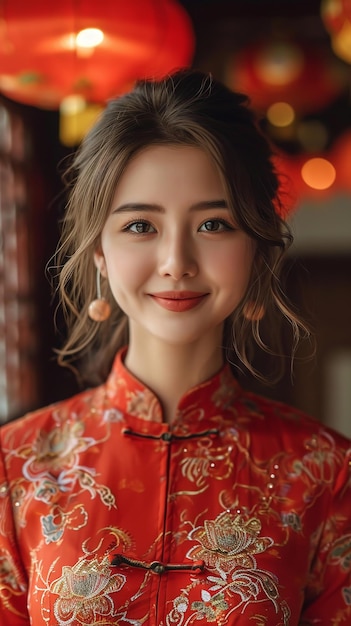 Photo portrait of chinses woman with a big copy space for chinese new year celebration concept generative ai