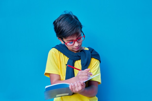 A Portrait of a clever and studious boy with red glasses