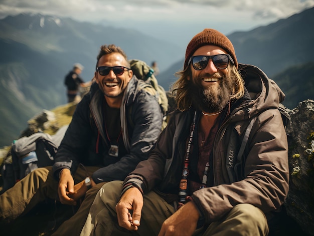 Portrait of climbers at the top of the mountain Happy Hikers