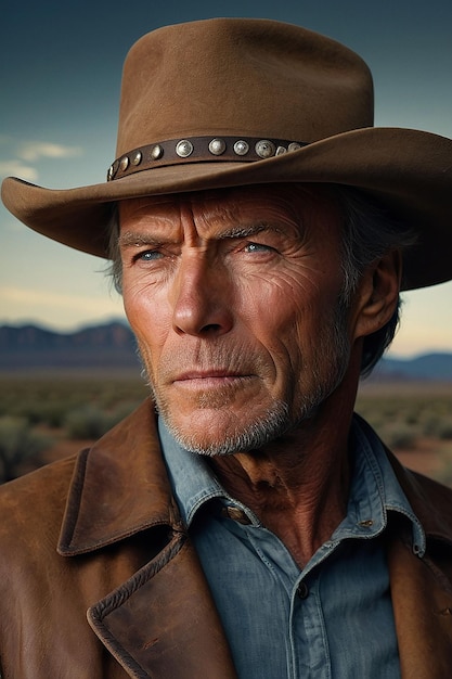 Portrait of Clint Eastwood charismatic cowboy according to studio light