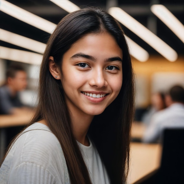 portrait close up of happy young teenage at the working office space generative AI