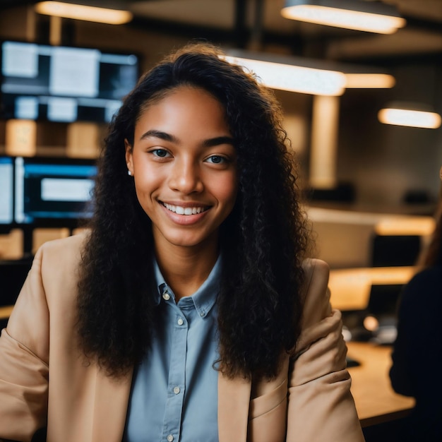 portrait close up of happy young teenage at the working office space generative AI