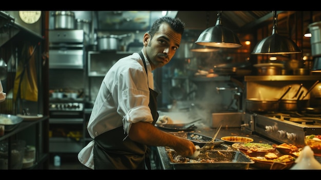 Portrait close up of professional chef preparing food at modern kitchen aig