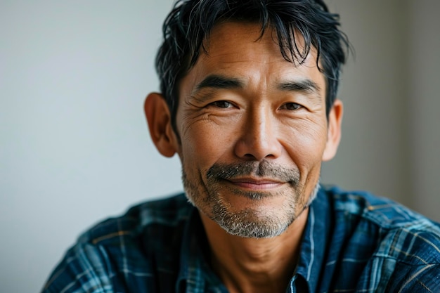 Portrait close up shot of middle aged asian male model with short black hair