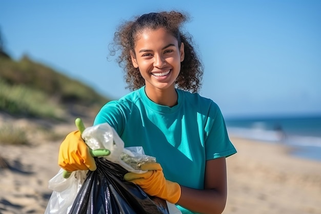 AIが生成したビーチでゴミを集める笑顔の混血ボランティア女性の肖像画を接写