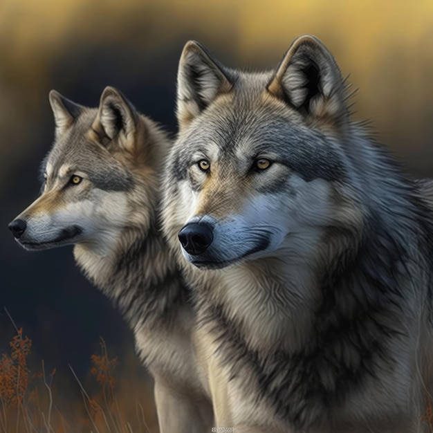 Portrait of close up of two wolves created using generative ai technology