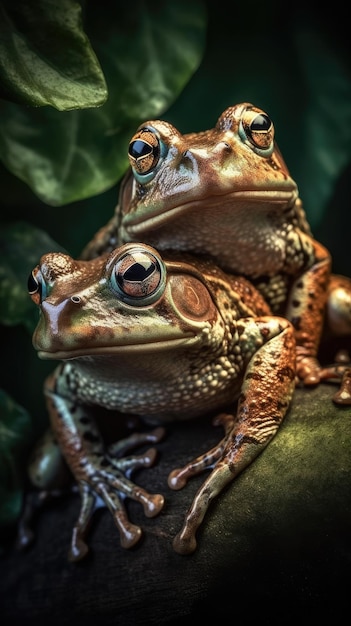 Портрет крупным планом двух красивых лягушек на размытом фоне
