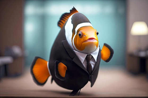 Портрет рыбы-клоуна в темном деловом костюме с золотым галстуком на размытом фоне офисного генеративного ИИ