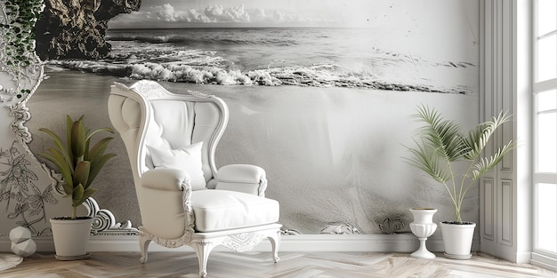現代の豪華な部屋のインテリアの海岸のアームチェアの肖像画