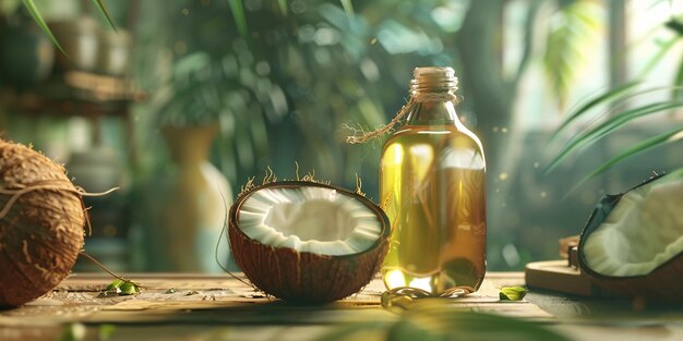 Photo portrait of coconut oil bottle and coconuts