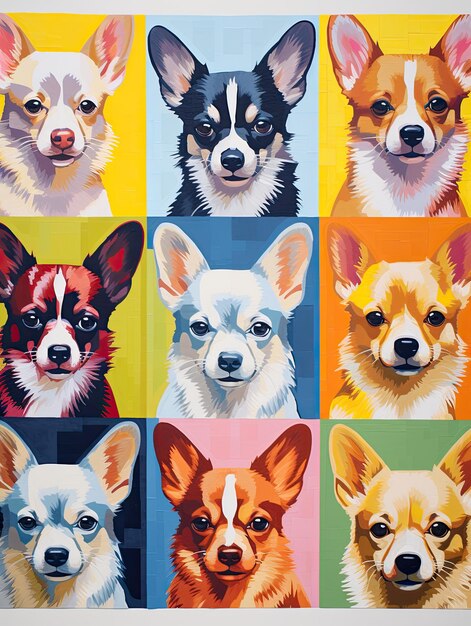 Portrait collection of chihuahua dog with rows and columns of different puppy moods reflected in