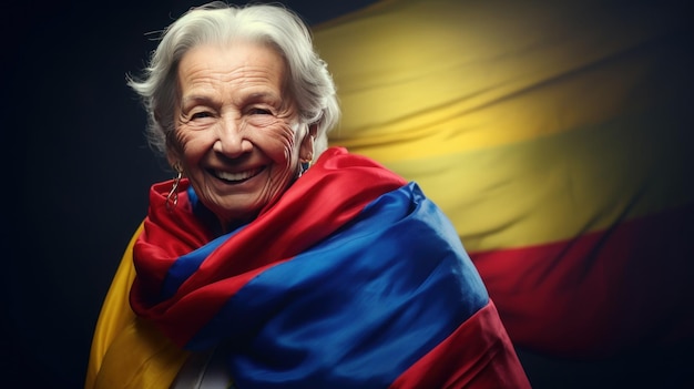 Портрет пожилой женщины Колумбии с национальным флагом