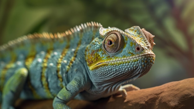 Portrait of colorful chameleon on tree branch ai generative