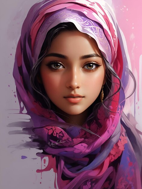 頭にスカーフをかぶったカラフルな美しい若いイスラム教徒の女性または女の子の肖像画