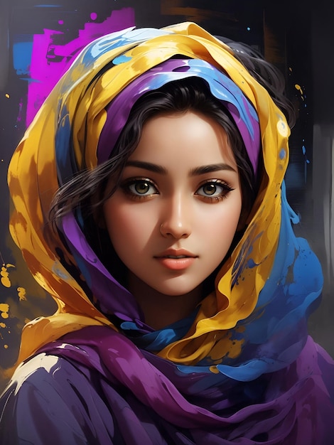 Portrait of a colorful stunning young muslim woman or girl with head scarf