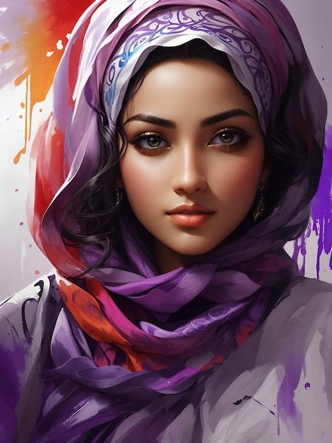 Портрет красочной потрясающей молодой мусульманки или девушки с платком на голове